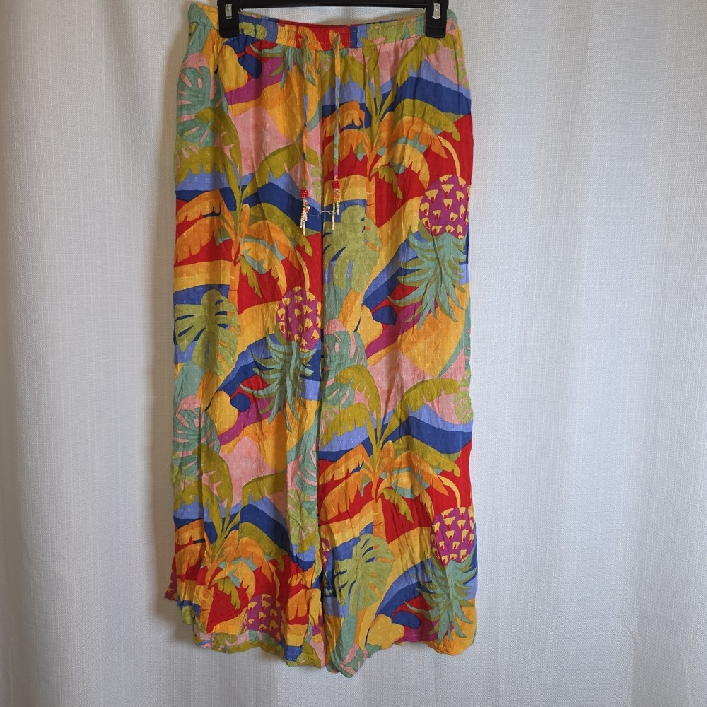 Christian Sirano Tropical Wide Leg Pineapple Leaf Print Palazoo Pants L